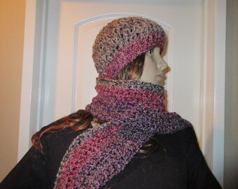 Grey and Magenta Scarf and Hat Set Ready to Ship