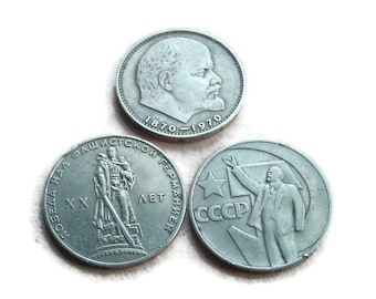 Set of 3 USSR - Soviet Russian metal coins - ruble