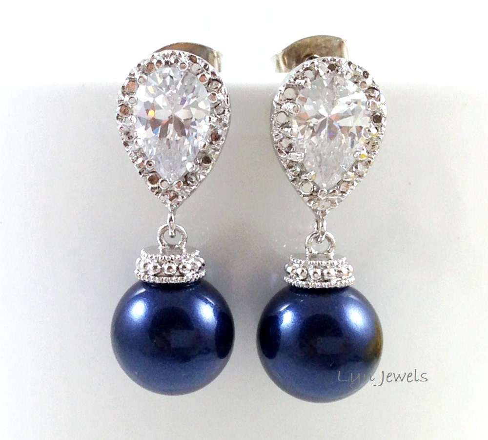 Navy Blue Pearl Earrings Dark Blue Swarovski Pearl