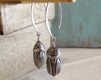 Bali Sterling Silver Cicada Earrings on Almond Ear Wires - Bug Earrings - Insect Earrings - Eye Catching Earrings