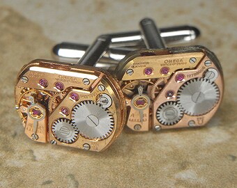 Steampunk Cuff Links Cufflinks - Torch Soldered - Antique ROSE GOLD OMEGA Watch Movements - Rare and Beautiful Pair