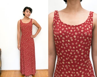 Red Floral Maxi Sundress / Hourglass Dress / Bohemian Rose Print Dress / Vintage Sleeveless Boho Full Length size 12 Small Medium Lace Up