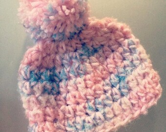 Pink baby hat, cute crochet pom pom hat, newborn photo prop, christmas baby gift, baby shower, birthday gift.