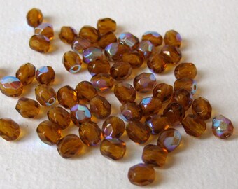 Czech Crystal Glass 4mm Faceted Beads, Ambra Color With Special Blue AB Finish, MillineryJewellery, Sold per 50Pcs