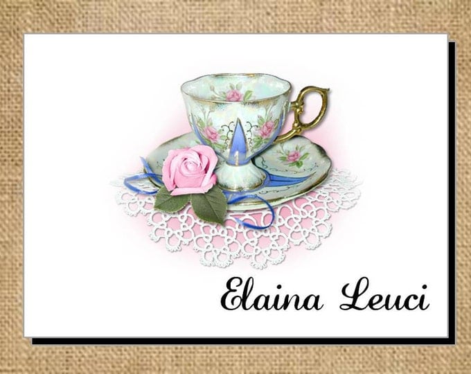 Beautiful Personalized Pink Blue Ribbon Tea Teacup Note Cards - Invitations - Thank You Cards for Bridal Shower or Luncheon ~ Bridal Gift