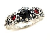 Silver Steampunk Engagement Ring - Rose Cut Black Spinel and Rose Cut Red Garnets