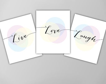 Live Love Laugh Three Print Set, Inspirational Quote Wall Decor, Motivational Quote, Typographic Art Print, Live Laugh Love Art Print Set