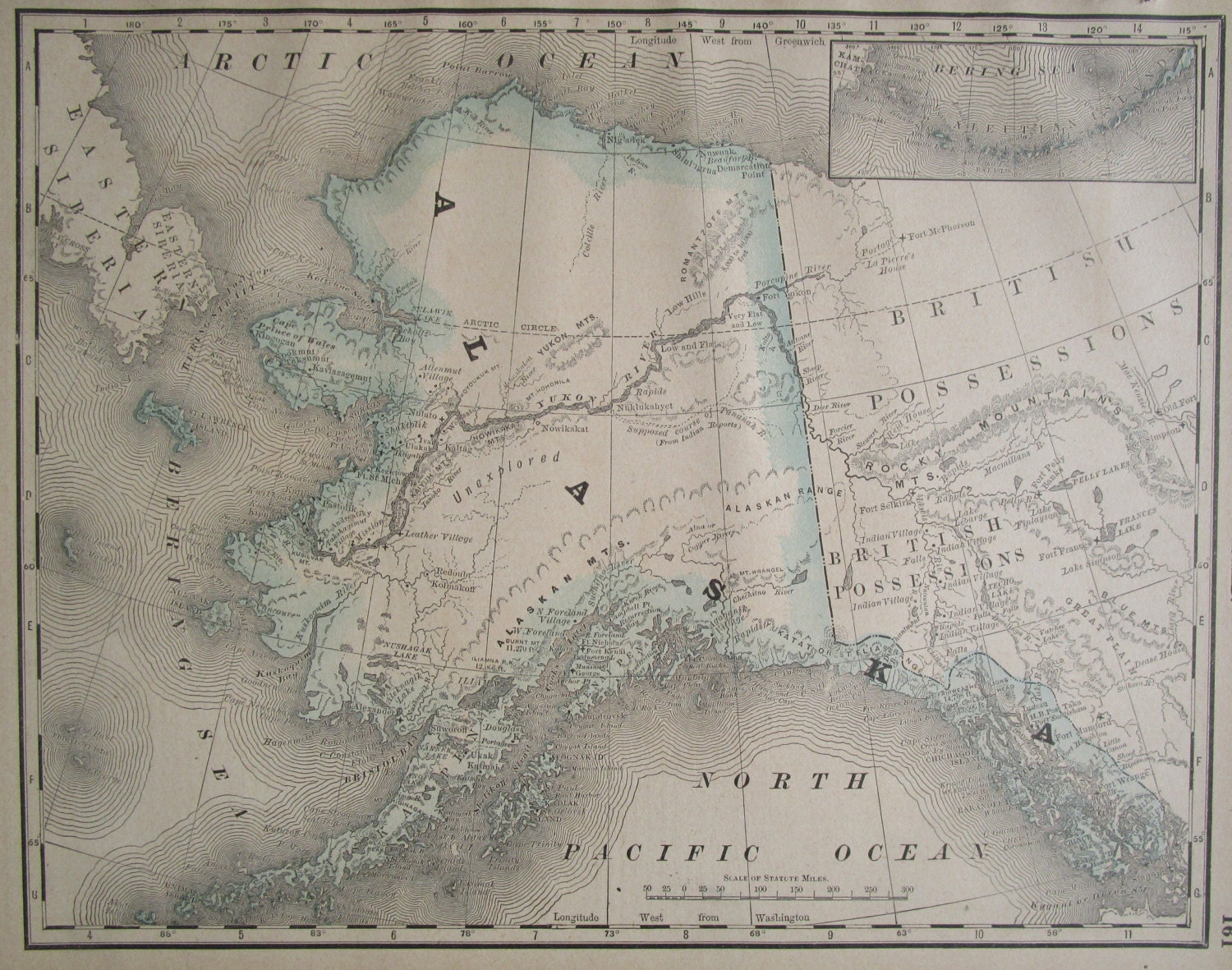 Antique 1890 UNEXPLORED ALASKA Map. 1800s. Indian Reports