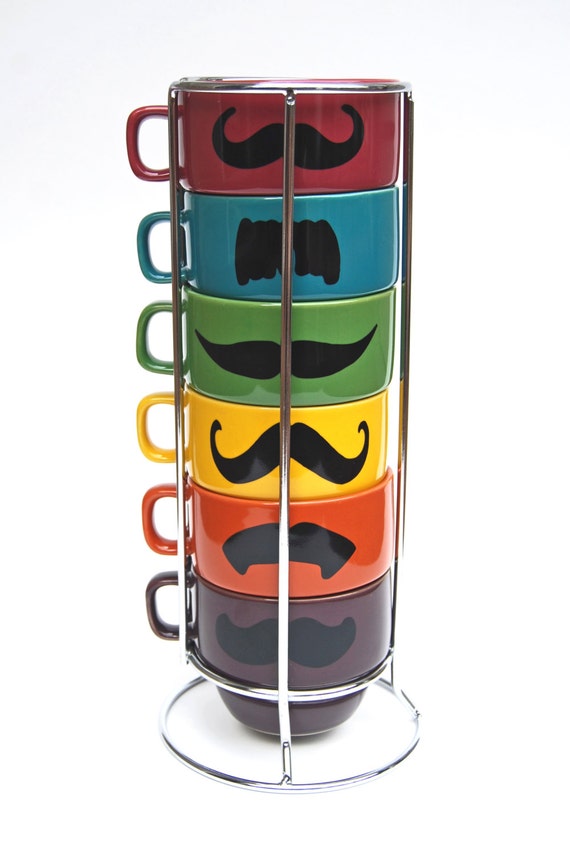 Items similar to Multi Color Mustache Coffee Mugs - set of 6 stackable ...