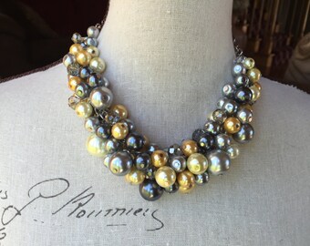 Pearl necklace in grays and yellows, bridesmaid necklace, chunky Pearl necklace, wedding jewelry, cluster pearl necklace