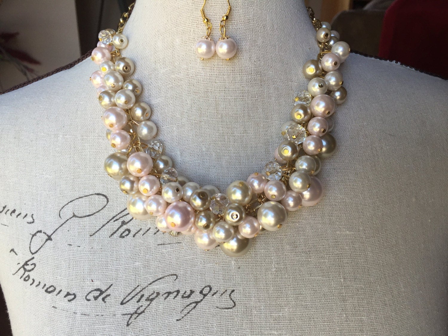 Blush pink, Ivory and champagne cluster necklace on gold chain, chunky pearl necklace, bridesmaid jewelry, pink wedding