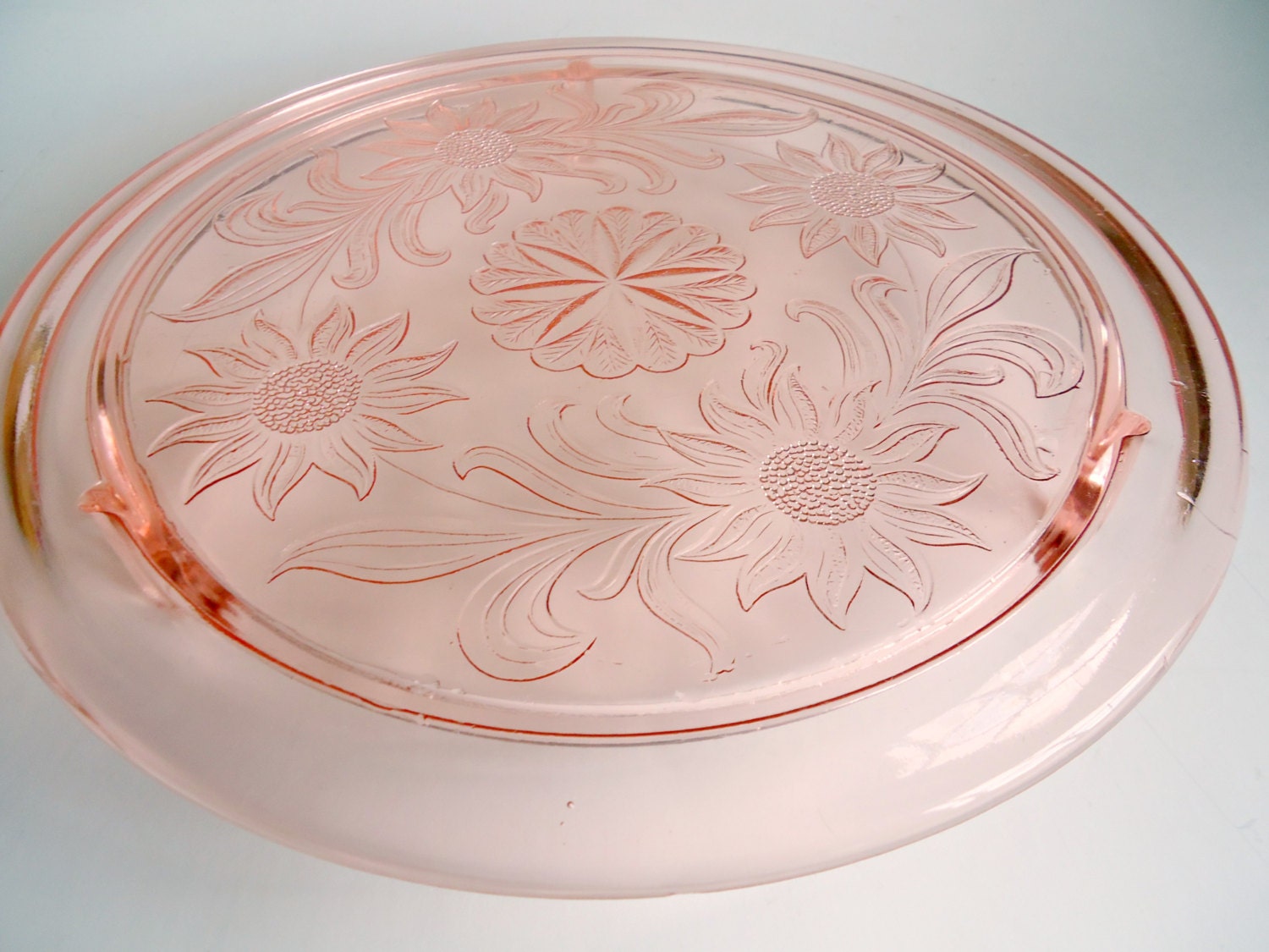 Pink Depression Glass Cake Plate Sunflower 1930's