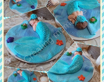 Baby Mermaid Cake Topper /Cupcake, Cookies, Cake Decorations made of Vanilla Fondant BABY SHOWER/Edible Cake Toppers/ First birthday