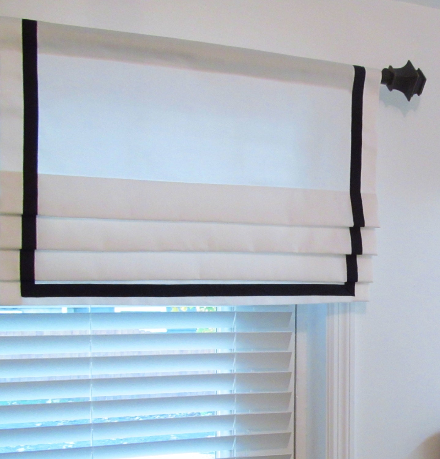 Contemporary Faux Roman Shade White & Navy Grosgrain Ribbon