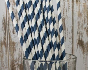 100 Navy Blue and white barber striped paper drinking straws - with FREE DIY Flag Template. See also - "Personalized" flags option.