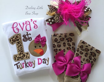 Baby Girl First Thanksgiving Outfit bodysuit, bow and leg warmers -- Turkey Day Glam -- fuchsia and leopard print personalized outfit