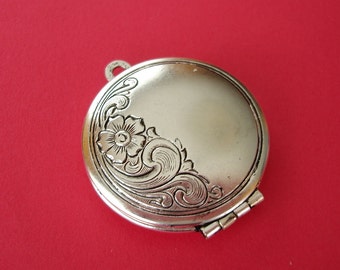 Round Photo Locket Ox Silver Brass Engraved Floral Victorian Style Pendant.