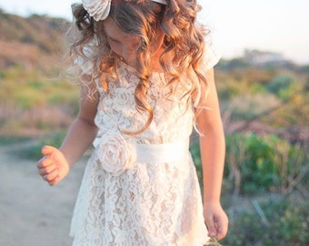 Champagne flower girl dress, lace baby dress, rustic flower girl dress, country flower girl dress, lace Christmas dress, flower girl dress.
