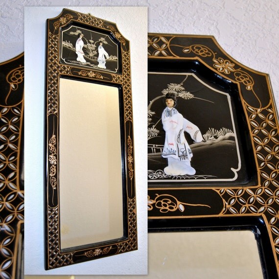 Chinese Black Lacquer Mirror Chinoiserie Looking Glass Entry
