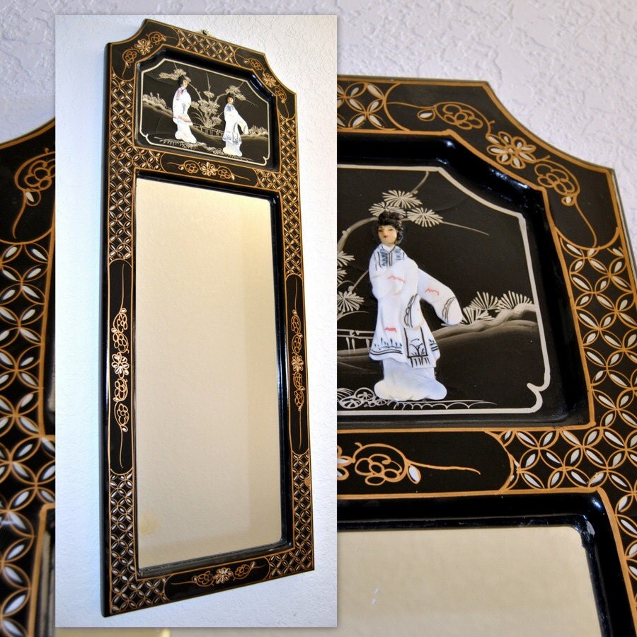 Chinese Black Lacquer Mirror Chinoiserie Looking Glass Entry