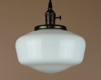 Pendant Light w/ 9.5" School House Globe - Reproduction Lighting w/ Antique Style Cloth Wire - Hand Finished in Oil Rubbed Bronze