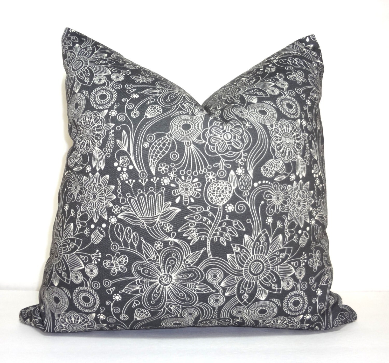 Charcoal Grey & Ivory Floral Pillow Cover Decorative Flower