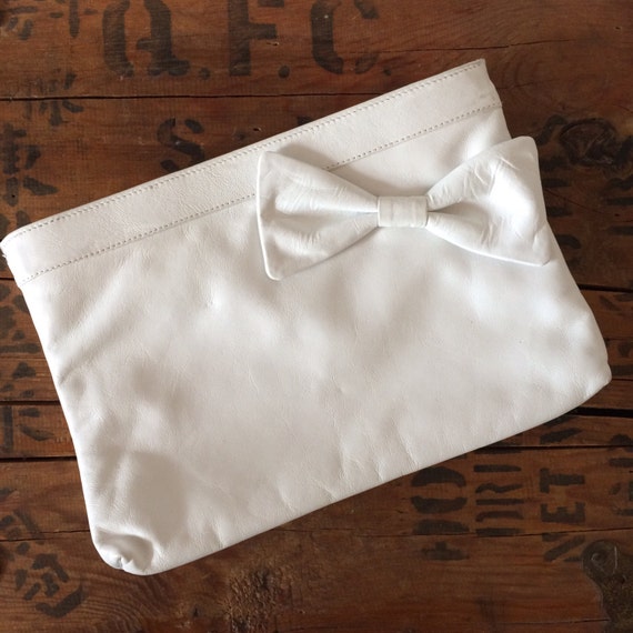 White Leather Clutch Purse // Bow Small Bag by fredandlulu on Etsy