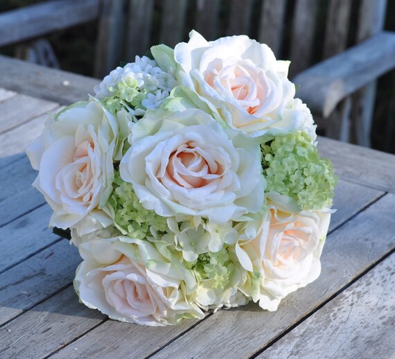 Blush roses and hydrangea wedding bouquet made of silk