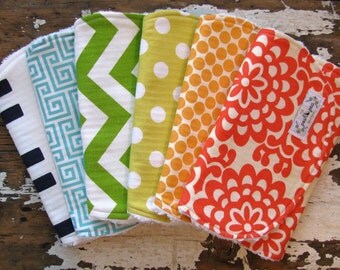 Baby Burp Cloths - Rainbow Set of 6 - Gender Neutral for Baby Girl or Baby Boy - Polka Dots, Chevron, Greek Key, Elephants