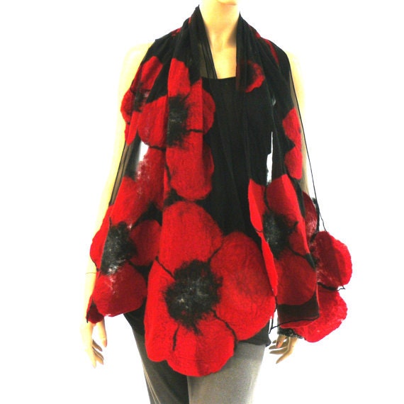 for nuno felting silk Nuno Red felting wool silk floral shawl Felted Nuno Scarf merino