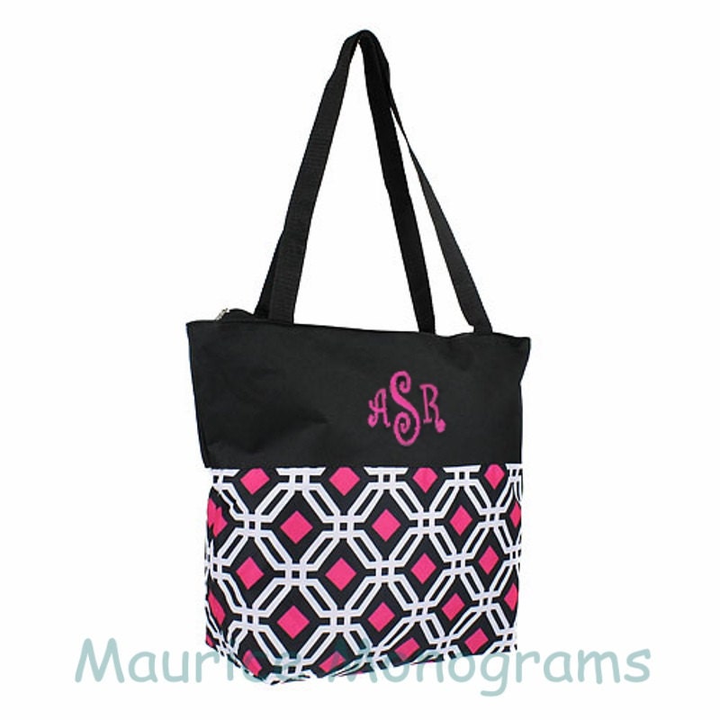 Personalized Geometric Quatrefoil Tote Bag Black and Hot Pink