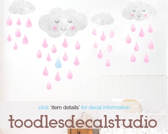 Clouds Wall Decal, Girls Cloud Fabric Decals, Reusable Rain Drops Decal, Peel and Stick Clouds, Girls Nursery Art, Girls Wall Decal Stickers
