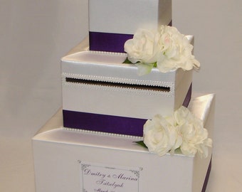 White and Eggplant Card Box-White Silk Flowers-any colors