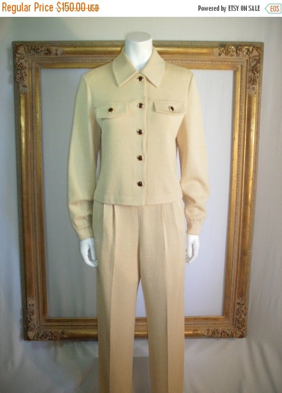 Vintage St. John Beige Knit Pant Suit - Size 6