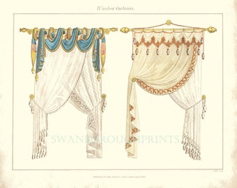 Window Curtains Print. Window Drapes Print. Lace Curtains Print. Bedroom Interior Furnishings Antique Décor. Home and Living Home Décor Art