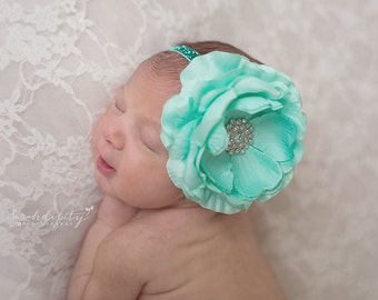 Seafoam Green large flower headband with a pretty bling center on glitter elastic for photos, newborn and up, by Lil Miss Sweet Pea