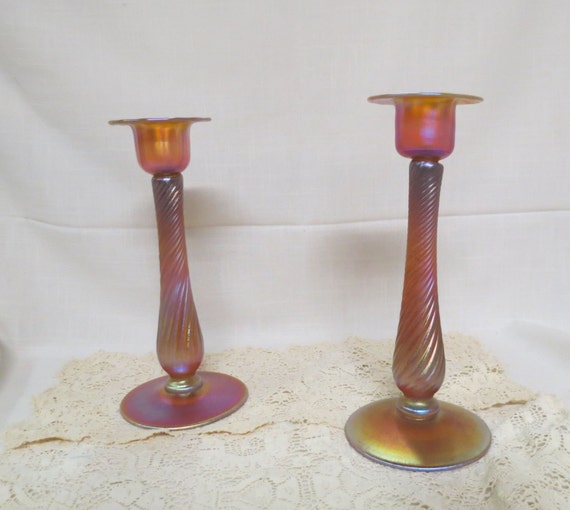 Sale Antique Tiffany Favrile Glass Twist Candlesticks Tall L.