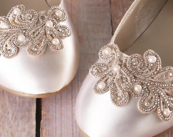 Custom Wedding Shoes, Ivory Wedding Shoes, Wedding Flats, Ballet Wedding Shoes, Closed Toe Shoes, Lace Wedding Shoes, Bow Wedding Shoes