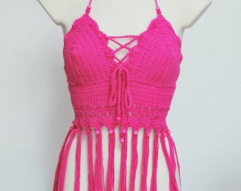 EXPRESS SHIPPING to US, Canada! Fuchsia crochet fringe halter top, beautiful Fuchsia top bra, crochet fringe top, hippie summer tank