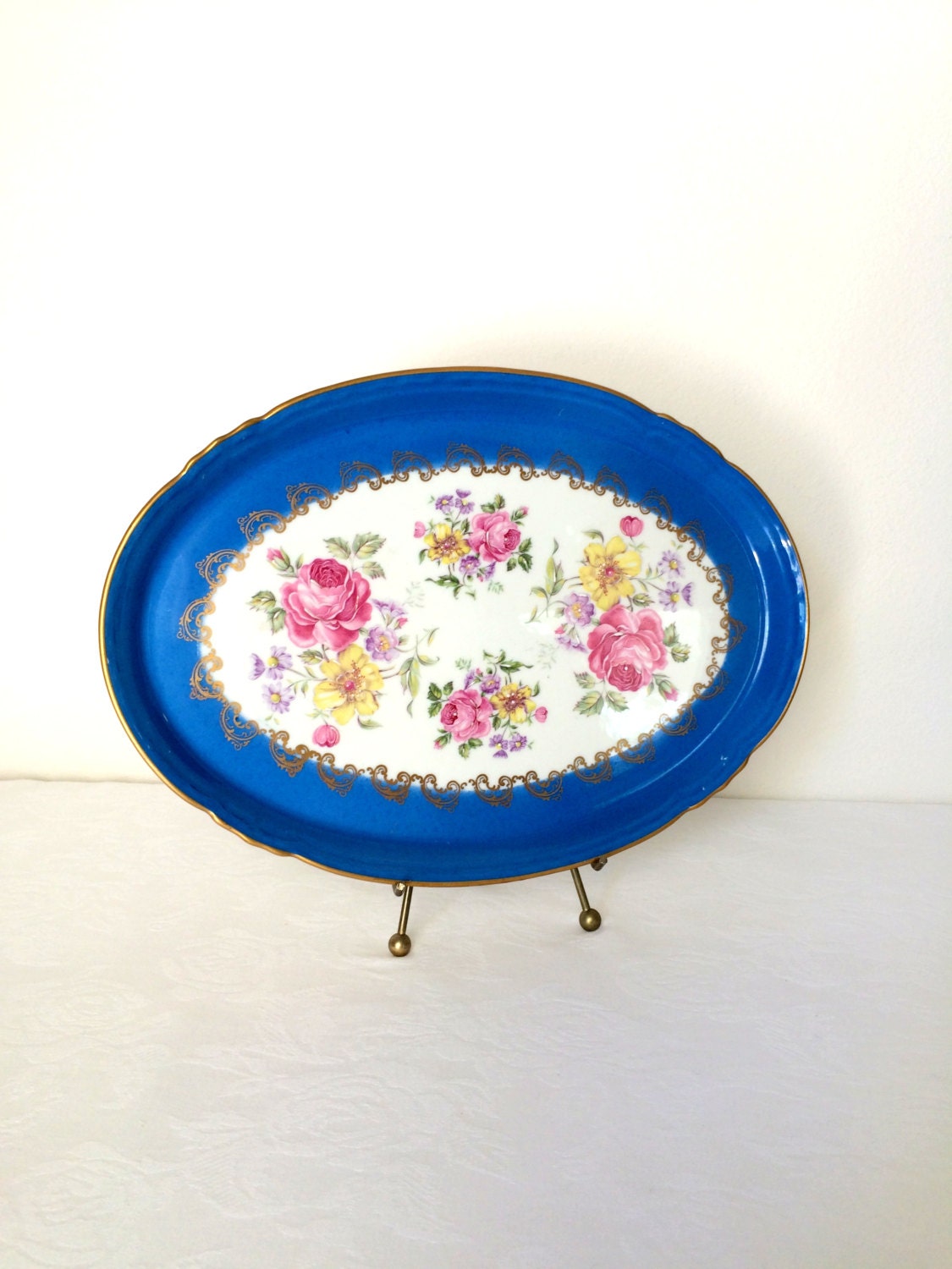 French Limoges Hand Painted Vanity Tray Blue Oval France