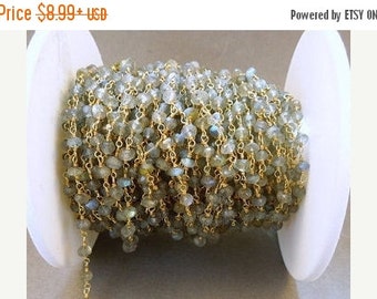 35% off Wholesale Labradorite Wire Wrapped Chain - Labrorite with Gold over Sterling or Plated Wire Wrap PER FOOT (CHN-41)