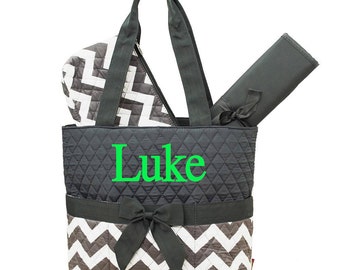 Monogrammed Diaper Bag Personalized Diaper Bag Grey Chevron Diaper Bag Monogrammed Diaper Bag 3 Piece Quilted Diaper Bags Diaper Bag Set