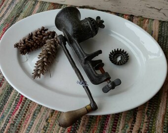 Antique Meat Grinder - Vintage Heavy Metal Meat Mincing Machine, Old Hand Crank Grinder, Applesauce Maker, Prim Kitchen Tool + Kitchen Decor