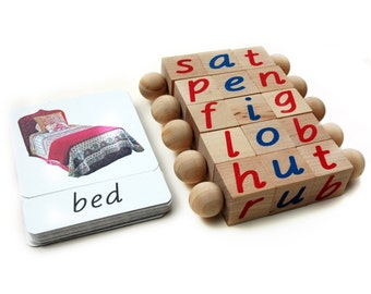 Block & Card Set, Montessori Phonetic Reading Blocks with Matching 3-Part Cards - Eco Friendly Educational Materials