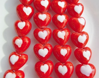6 Count, 20mm Lampwork Heart Beads, Red & White Heart Glass Beads, S19