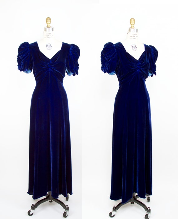 1930s Dress // Sapphire Blue Velvet Puff Sleeve Evening Dress