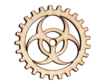 Plywood SteamPunk Gears, Craft Gears, Wood Gears, Laser Cut - 1qty - 4 Inch (10.16cm) - Biohazard Symbol -