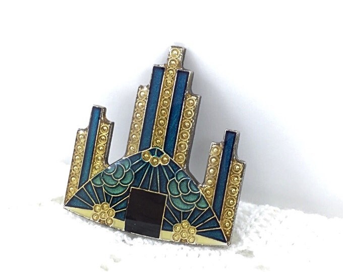Vintage Art Deco Pierre Bex Style Brooch, French Enamel. Blue Flowers, Gold Flowers, Blue green and Gold. Enameled Tall Bar Pin. Skyscraper.