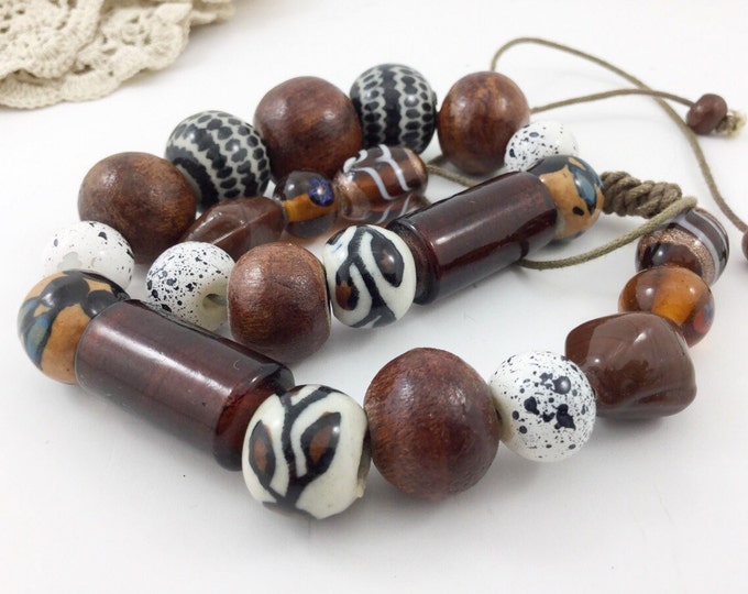 Artisan Glass Art Bead Necklace. Cream, Amber, Wooden, Stripes, Lampwork. Browns, black, white. Rustic, natural, hippy Jewelry.
