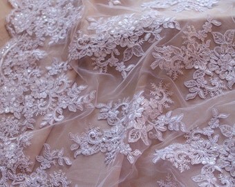 white cord lace fabric with sequins, sequined alencon lace fabric, bridal lace fabric